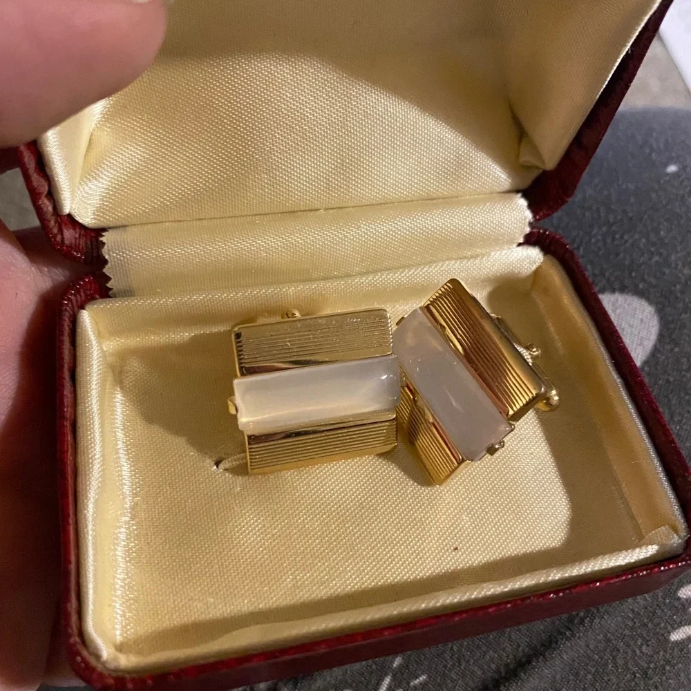 Vintage Towncraft Penney's Gold Tone White Stone Rectangular Cufflinks with Box